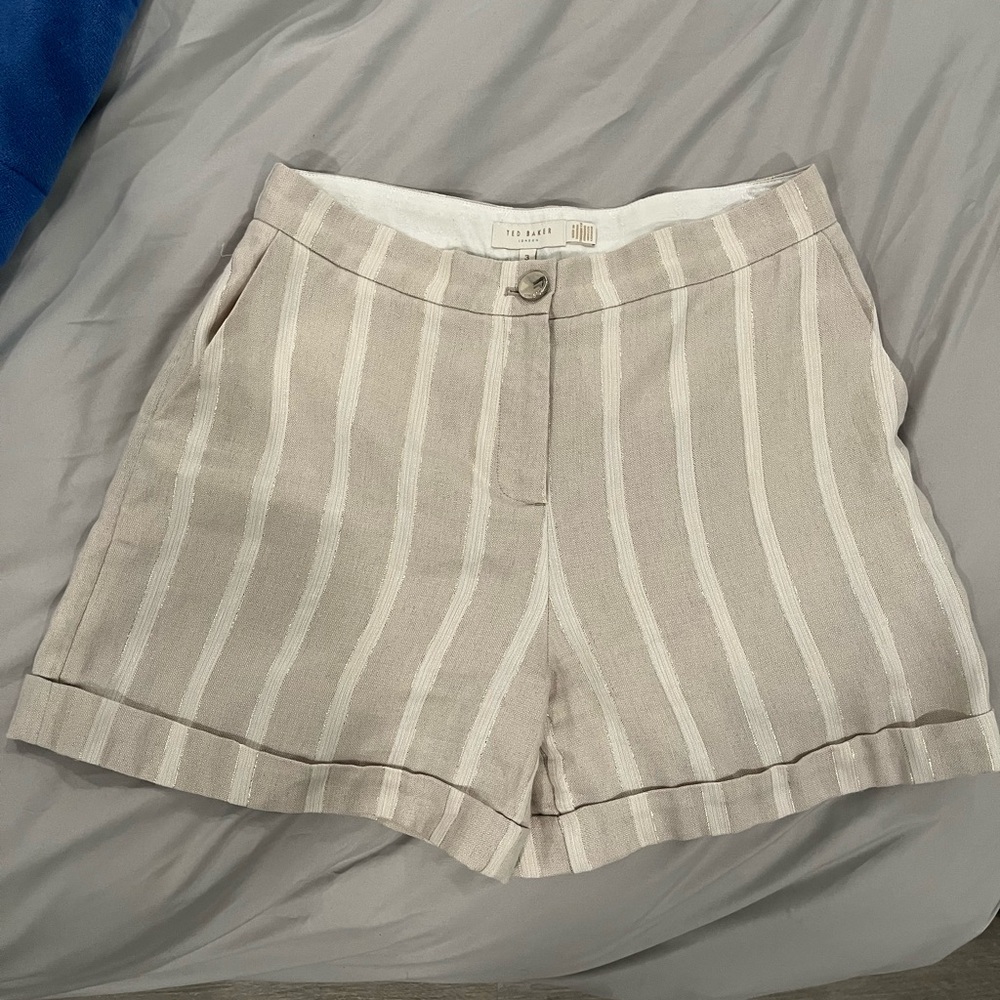 Ted Baker Beige and White Vertical Stripe Linen Shorts